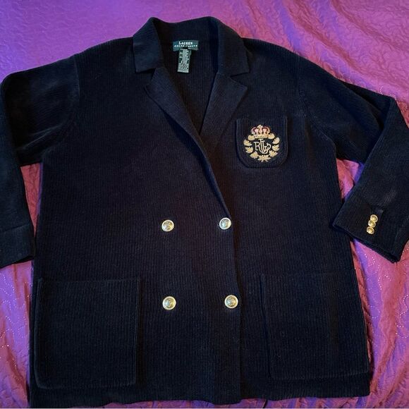 Vintage 90s Ralph Lauren, Med petite double breasted, sweater blazer cardigan - Picture 2 of 9